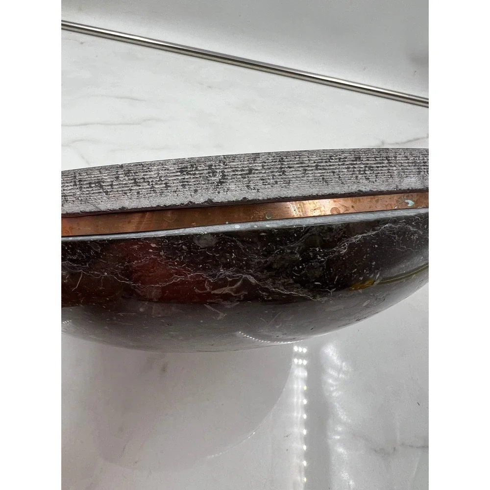 Tahari Home Marble Decorative Bowl Black Stone Copper Inlay Centerpiece 10in